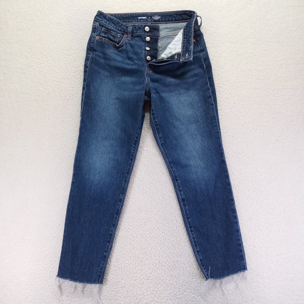 Old Navy OG Straight High-Rise Button Fly Dark Wash Raw Hem Jeans‎ Womens 6